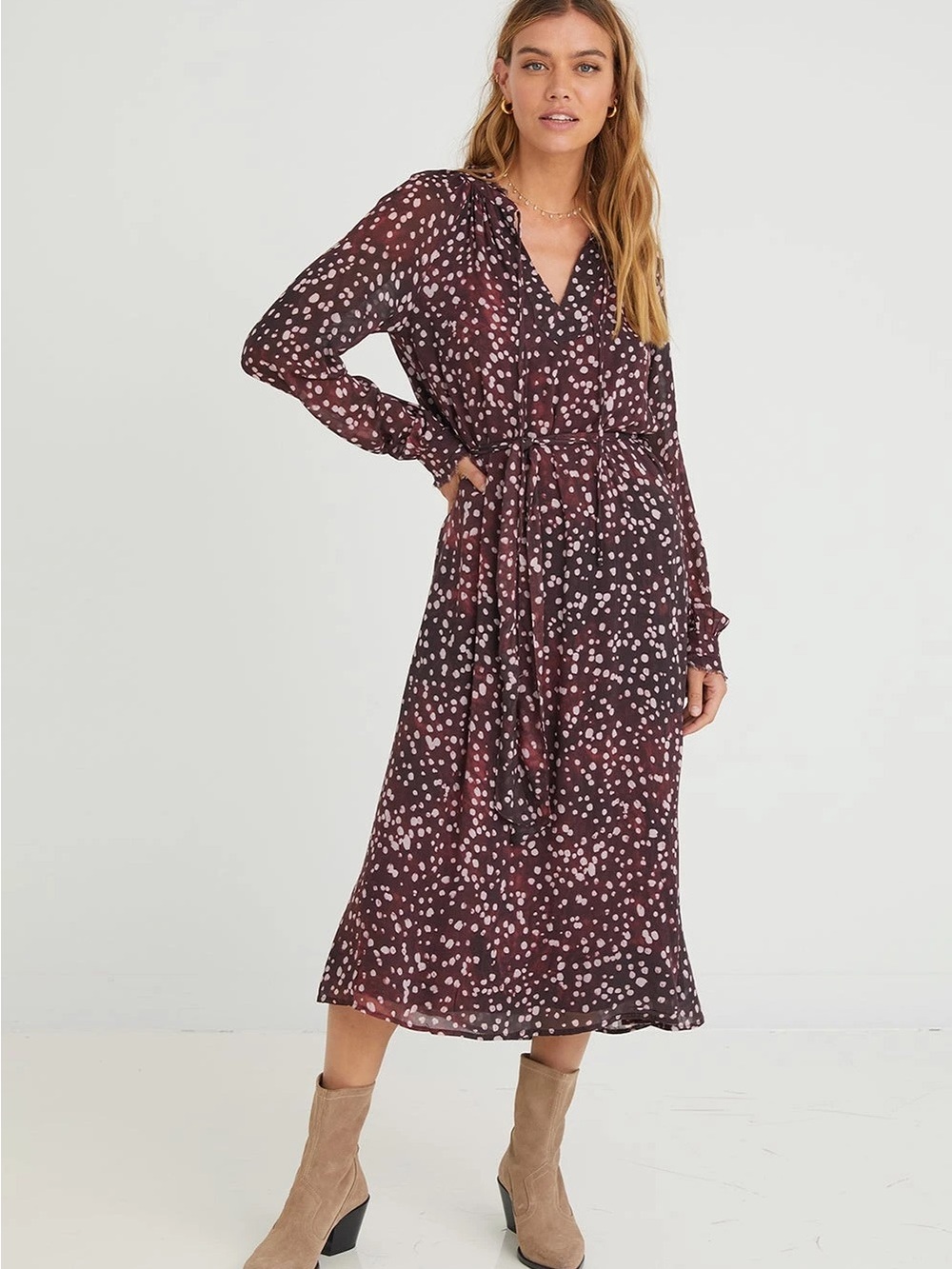 cloth & stone Plum Polka Dot Long Sleeve Dress